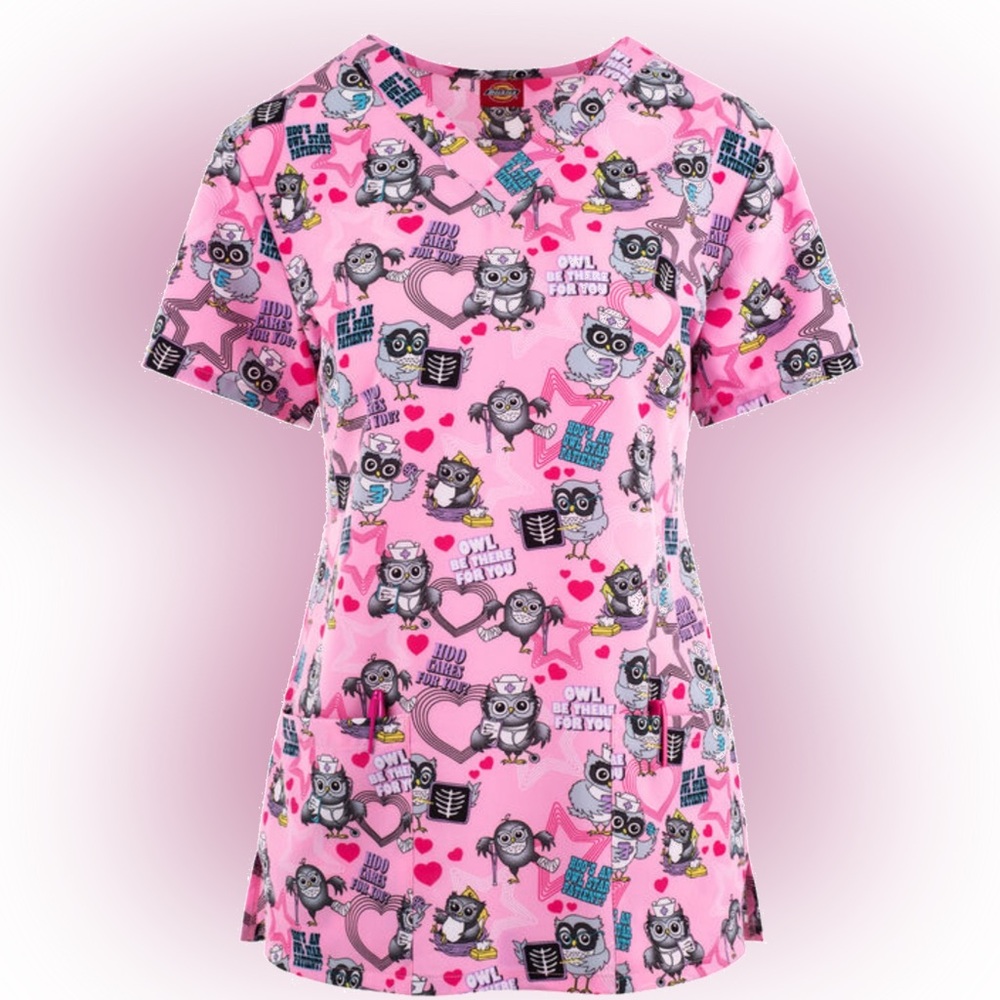 Dickies ~ “Hoo Cares For You?” ~ Owl Print Scrub Top ~ Medium